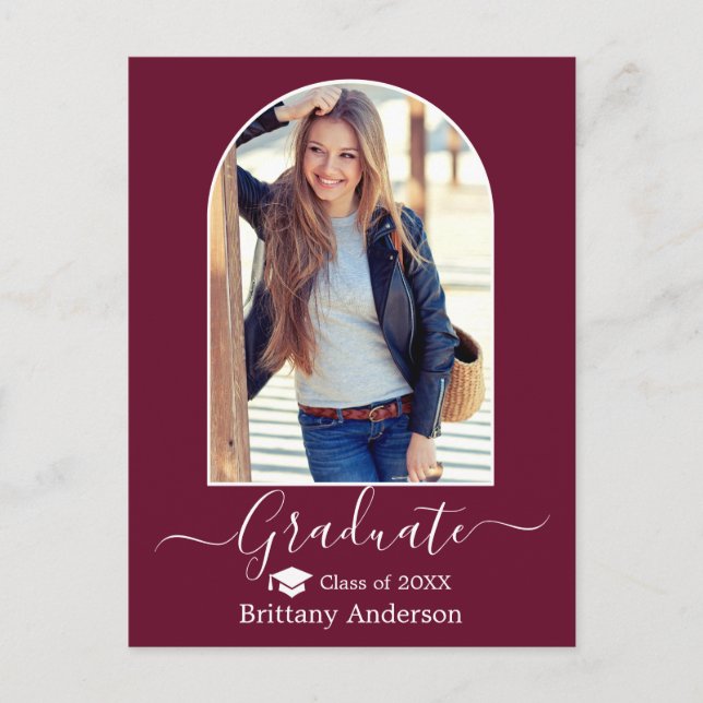 Modern Arch Cap Calligraphy Burgundy Graduation Postcard (Front)