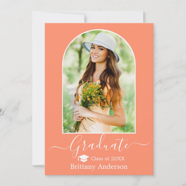 Modern Arch Cap Calligraphy Coral Peach Graduation Announcement (Front)