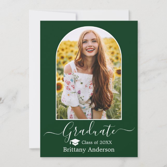 Modern Arch Cap Calligraphy Green Graduation Announcement (Front)