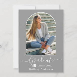 Modern Arch Cap Calligraphy Grey Graduation Announcement