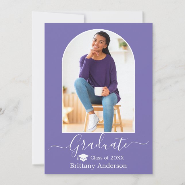 Modern Arch Cap Calligraphy Periwinkle Graduation Announcement (Front)