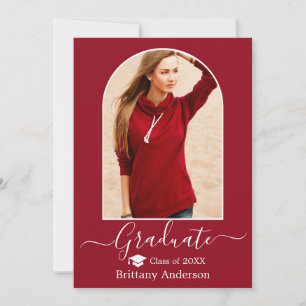 Modern Arch Cap Calligraphy Red Graduation Announcement