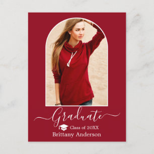 Modern Arch Cap Calligraphy Red Graduation Postcard