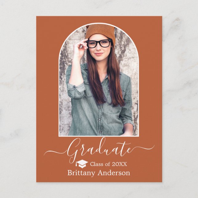 Modern Arch Cap Calligraphy Terracotta Graduation Postcard (Front)
