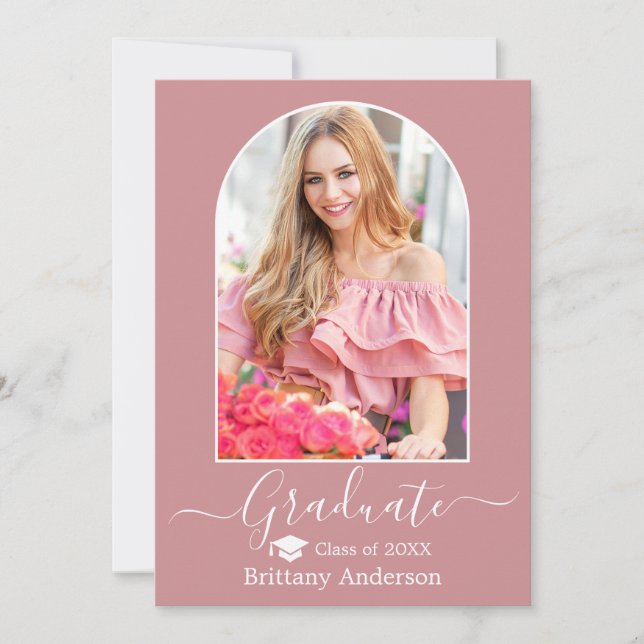 Modern Arch Cap Dusty Pink Graduation Announcement (Front)