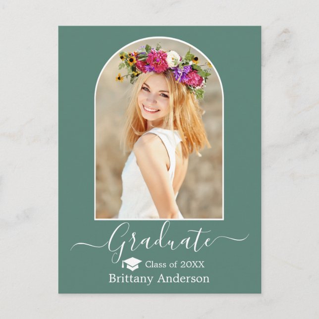 Modern Arch Cap Eucalyptus Green Graduation Postcard (Front)