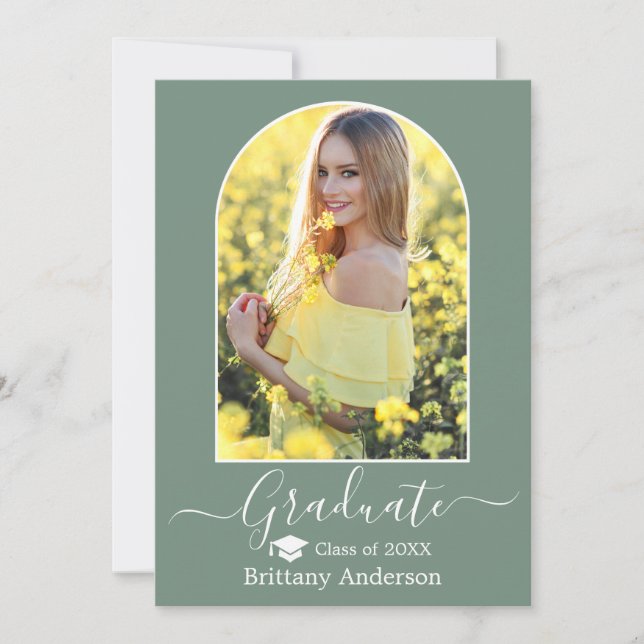 Modern Arch Cap Sage Green Graduation Announcement (Front)