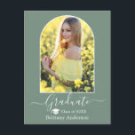 Modern Arch Cap Sage Green Graduation Postcard<br><div class="desc">Modern Arch Photo Frame - Trendy Calligraphy Script  - Photo Graduation Announcement Postcard - Sage Green - Graduation Cap</div>