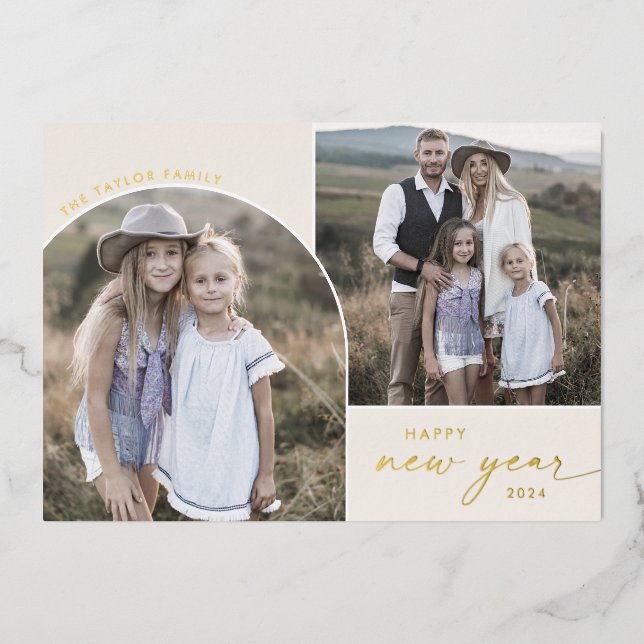 Modern Arch | Cream Foil 3 Family Photos New Year Foil Holiday Card (Front)