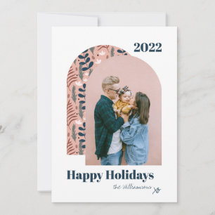 Modern Arch Custom Photo Pink Foliage 2021 Holiday Card