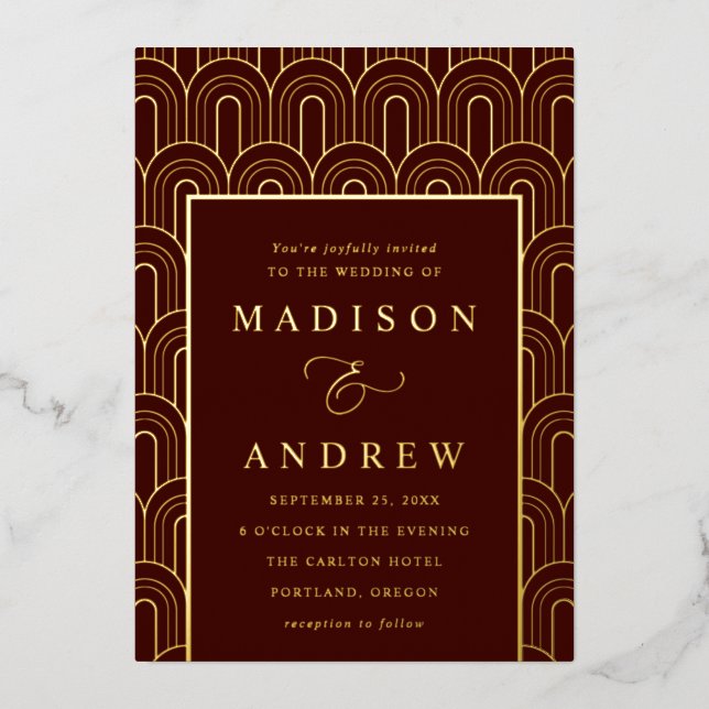 Modern Arch Deco Burgundy and Gold Wedding (Front)