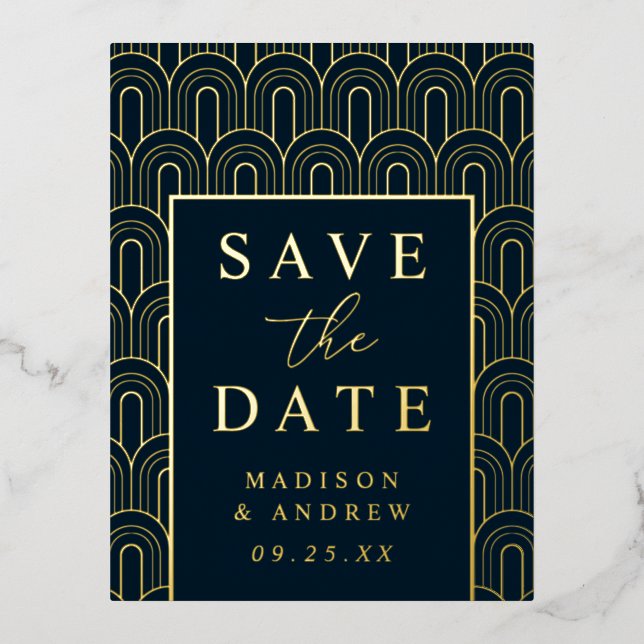 Modern Arch Deco Wedding Save the Date Foil Invitation Postcard (Front)