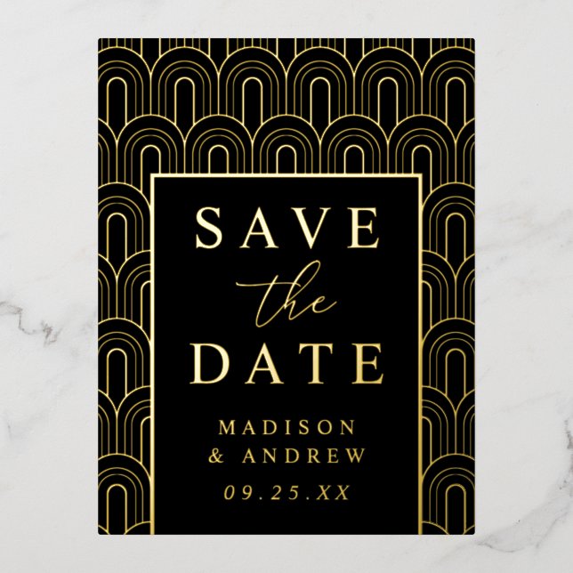 Modern Arch Deco Wedding Save the Date Foil Invitation Postcard (Front)