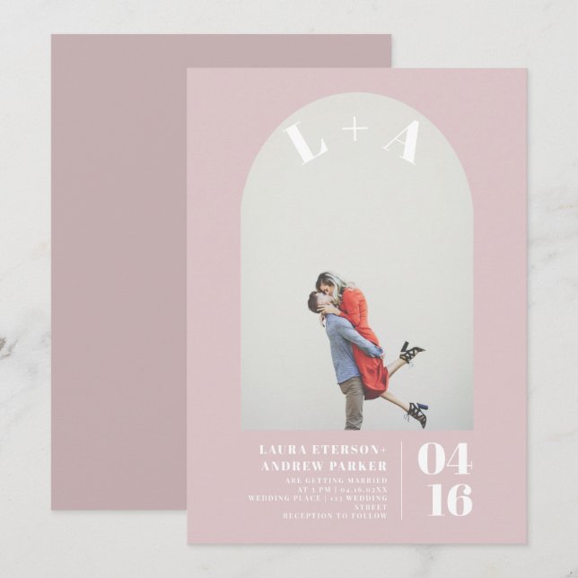 Modern arch dusty pink initials photo wedding invitation (Front/Back)