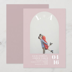 Modern arch dusty pink initials photo wedding invitation