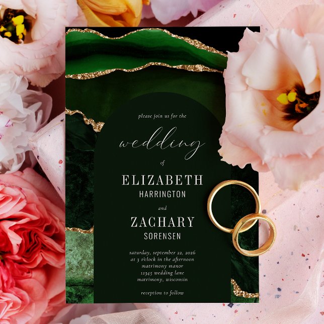 Modern Arch Emerald Green Gold Agate Wedding Invitation (Creator Uploaded)