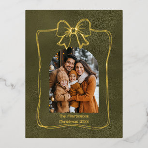 Modern Arch Family Photo and Bow Christmas Foil Holiday Postcard