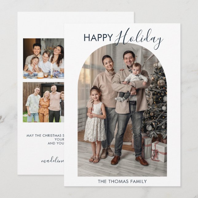 Modern Arch Family Photo Collage Holiday Card (Front/Back)