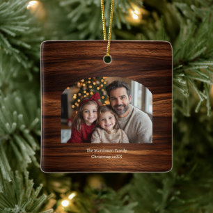 Modern Arch Family Photo Woodgrain Christmas  Ceramic Ornament