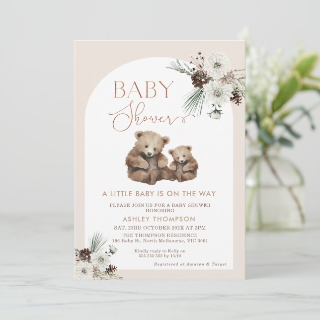 Modern Arch Floral Bear Cub Baby Shower Invitation (Standing Front)