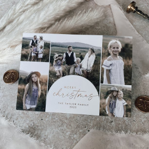 Modern Arch Foil Multi Photo Family News Christmas Holiday Card