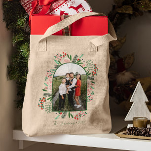 Modern Arch Frame Floral Christmas Photo Tote Bag