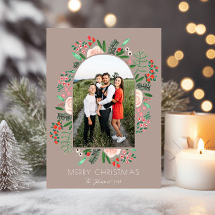 Modern Arch Frame Floral Family Christmas Photo Holiday Card