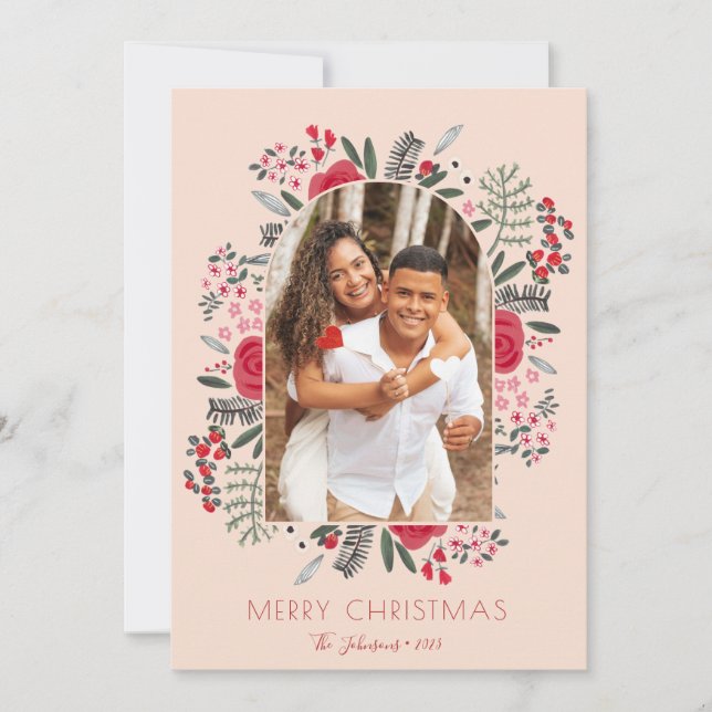 Modern Arch Frame Floral Merry Christmas Photo Holiday Card (Front)