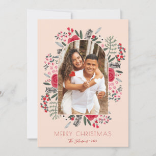 Modern Arch Frame Floral Merry Christmas Photo Holiday Card