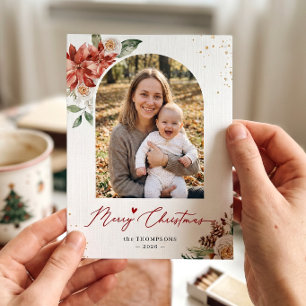 Modern Arch Frame Floral Merry Christmas Photo Holiday Card