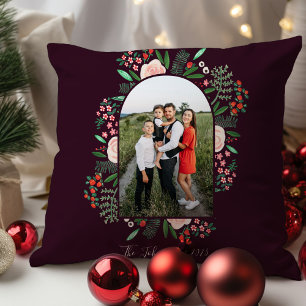 Modern Arch Frame Floral Merry Christmas Photo Throw Pillow