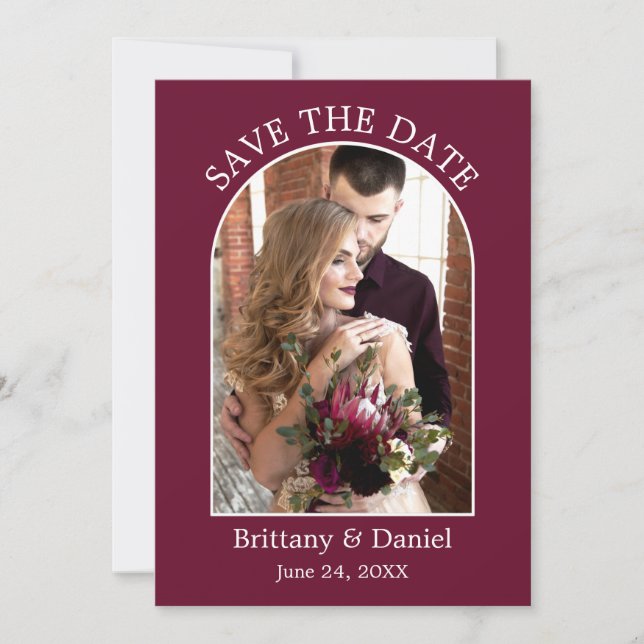 Modern Arch Frame Photo Burgundy Save The Date (Front)