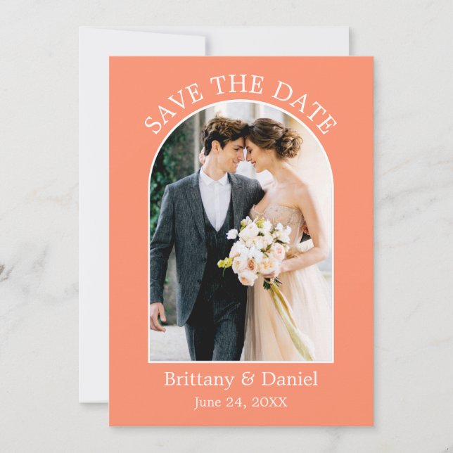 Modern Arch Frame Photo Coral Save The Date (Front)