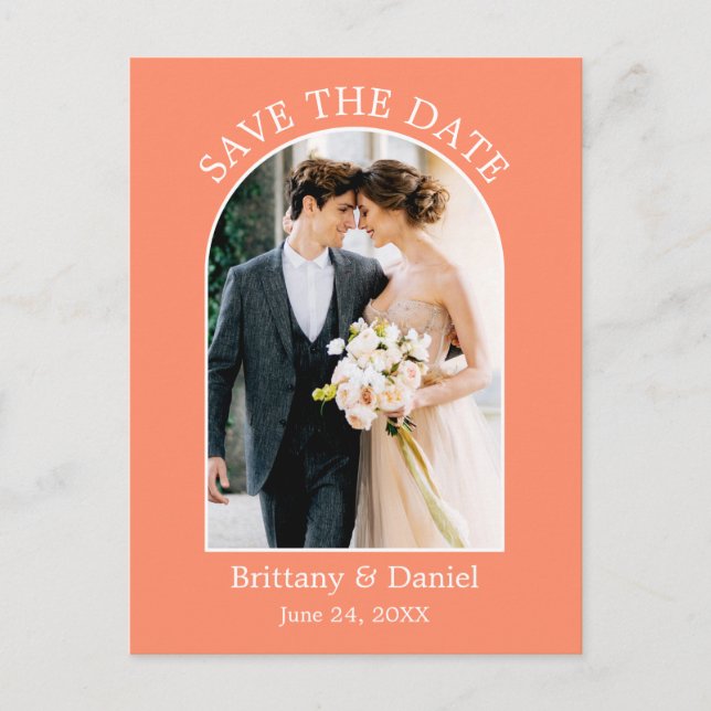 Modern Arch Frame Photo Coral Save The Date Postcard (Front)