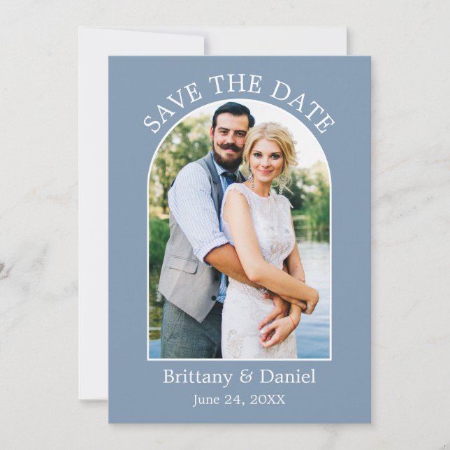 Modern Arch Frame Photo Dusty Blue Save The Date (Front)