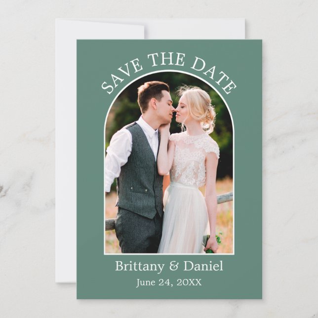 Modern Arch Frame Photo Eucalyptus Green Save The Date (Front)
