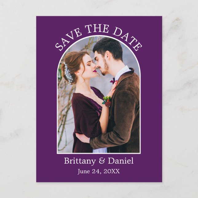 Modern Arch Frame Photo Purple Save The Date Postcard (Front)
