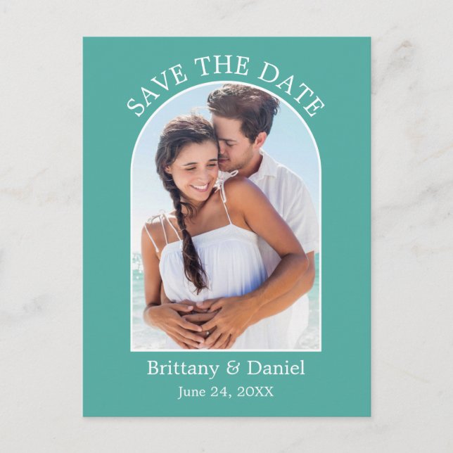 Modern Arch Frame Photo Teal Save The Date Postcard (Front)