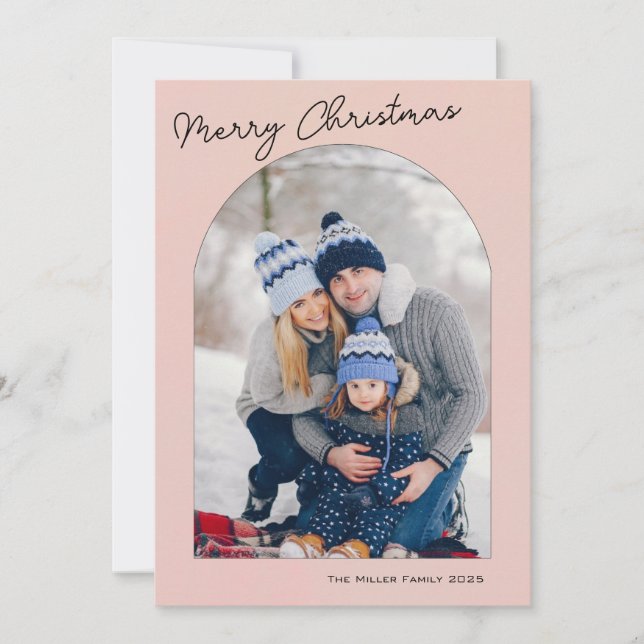 Modern Arch Frame pink Holiday Photo Card (Front)