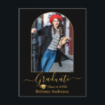 Modern Arch Gold Cap Calligraphy Photo Graduation  Postcard<br><div class="desc">Modern Arch Photo Frame - Trendy Calligraphy Script  - Photo Graduation Announcement Postcard - Black Background with Gold Text - Gold Graduation Cap</div>