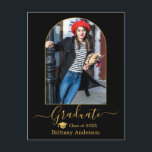 Modern Arch Gold Cap Calligraphy Photo Graduation  Postcard<br><div class="desc">Modern Arch Photo Frame - Trendy Calligraphy Script  - Photo Graduation Announcement Postcard - Black Background with Gold Text - Gold Graduation Cap</div>