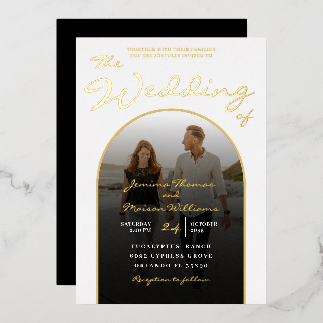 Modern Arch Gold Foil Script & Photo Wedding Foil  (Front/Back)