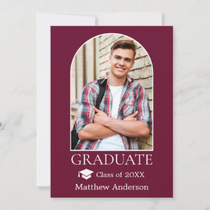 Modern Arch Grad Cap Burgundy Graduation Announcement