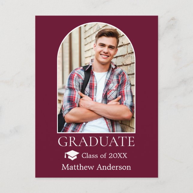 Modern Arch Grad Cap Burgundy Graduation Postcard (Front)