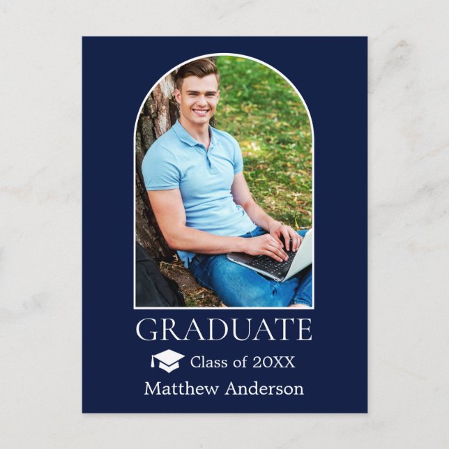 Modern Arch Grad Cap Photo Blue Graduation Postcard (Front)