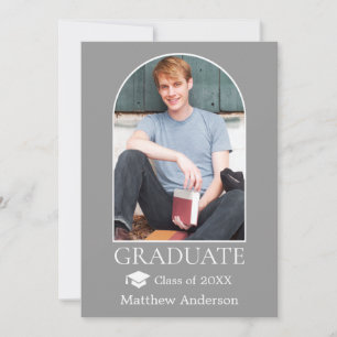 Modern Arch Grad Cap Photo Grey Graduation Announcement