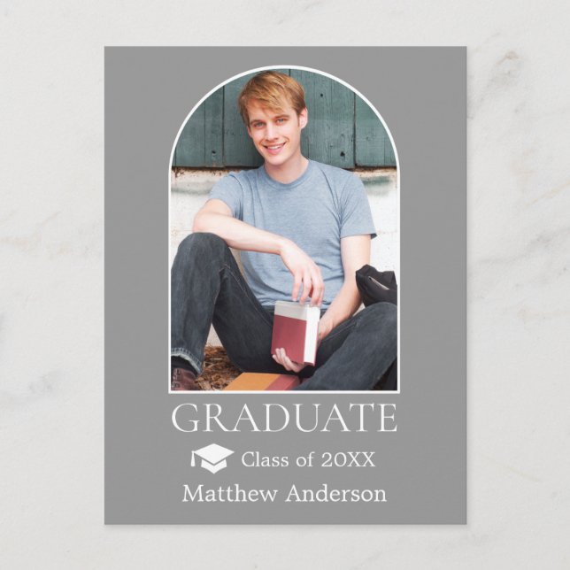 Modern Arch Grad Cap Photo Grey Graduation Postcard (Front)