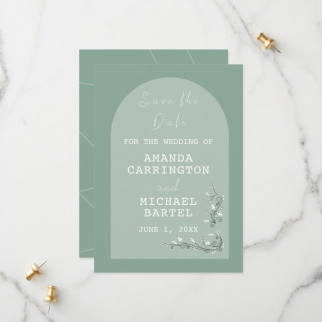 Modern Arch Green Hues Save The Date Card (Front/Back In Situ)