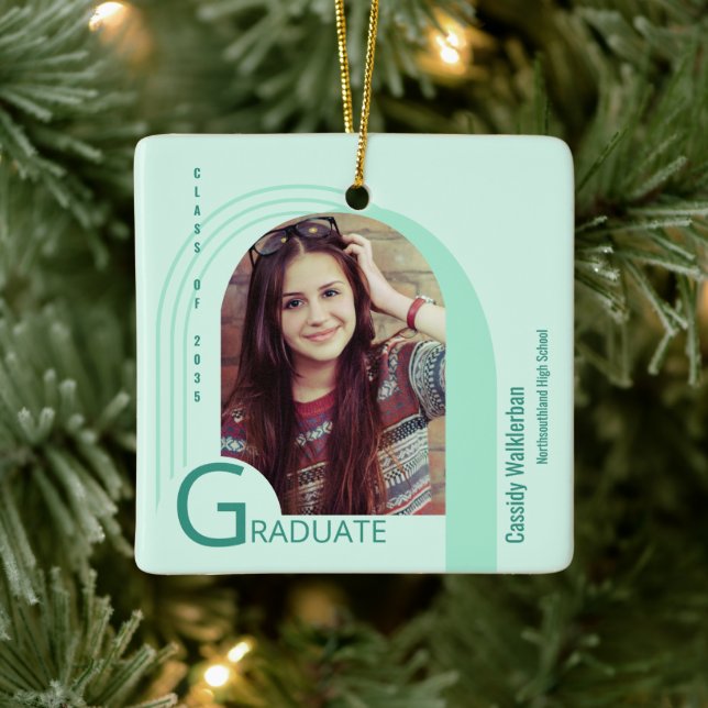 Modern Arch Green Photo Graduation Ceramic Ornament (Tree)