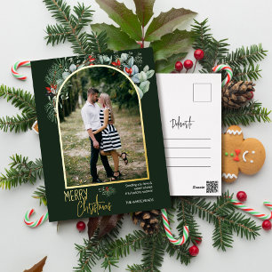 Modern Arch Greenery Green Foil Christmas Photo Holiday Postcard
